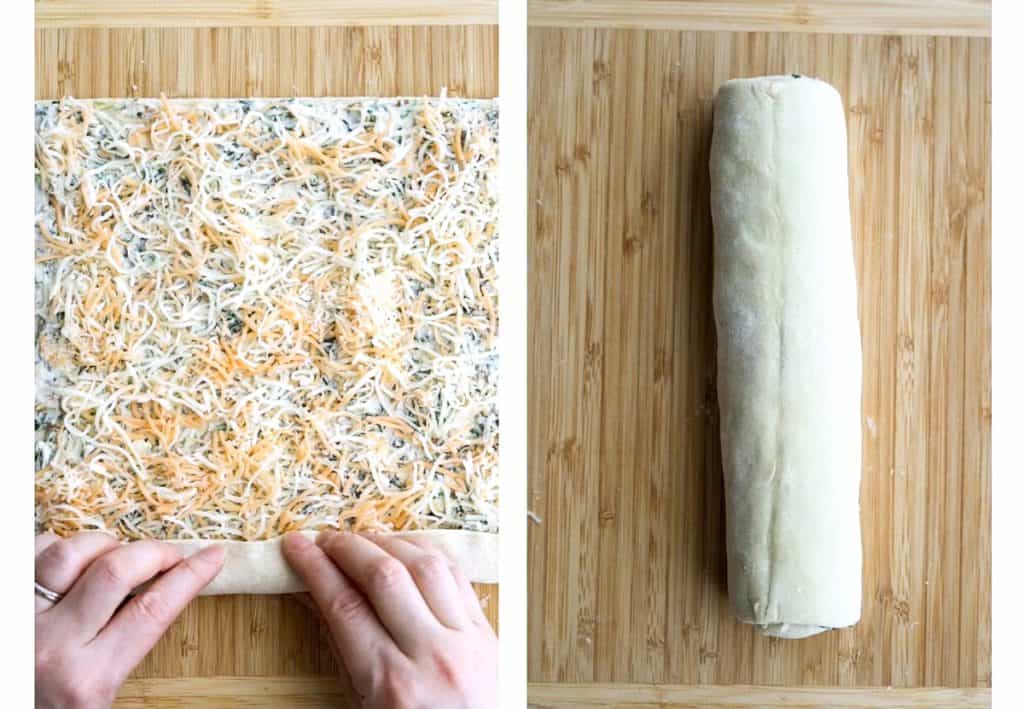Roll puff pastry sheet with mixture and cheese on top into a tube