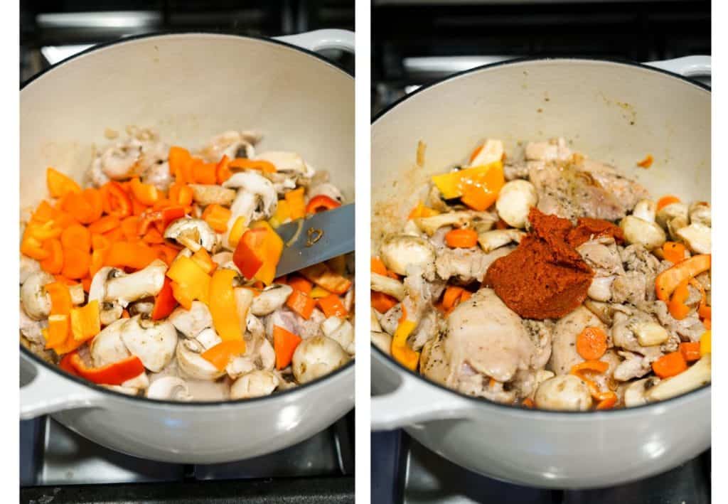 Sauting carrots, bell peppers and mushrooms on stove top, then adding red curry paste