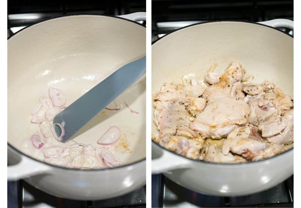 Sauteing shallots and adding chicken to the Dutch oven