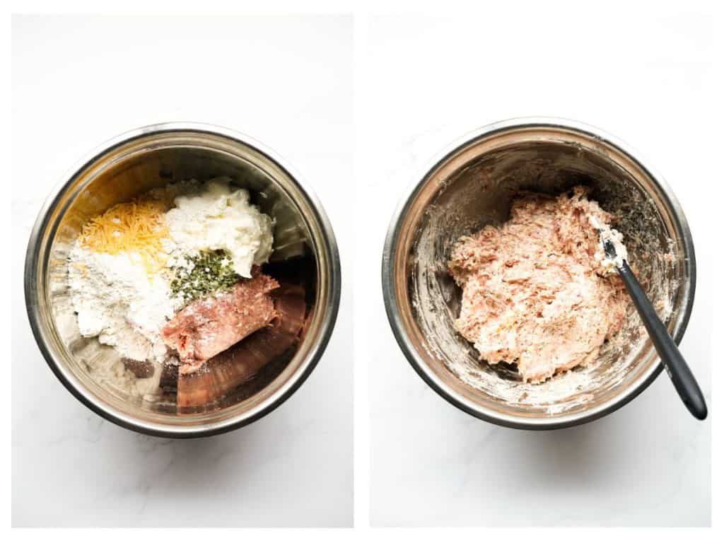 Combining cream cheese, shredded cheese, ground meat, bisquick in a mixing bowl