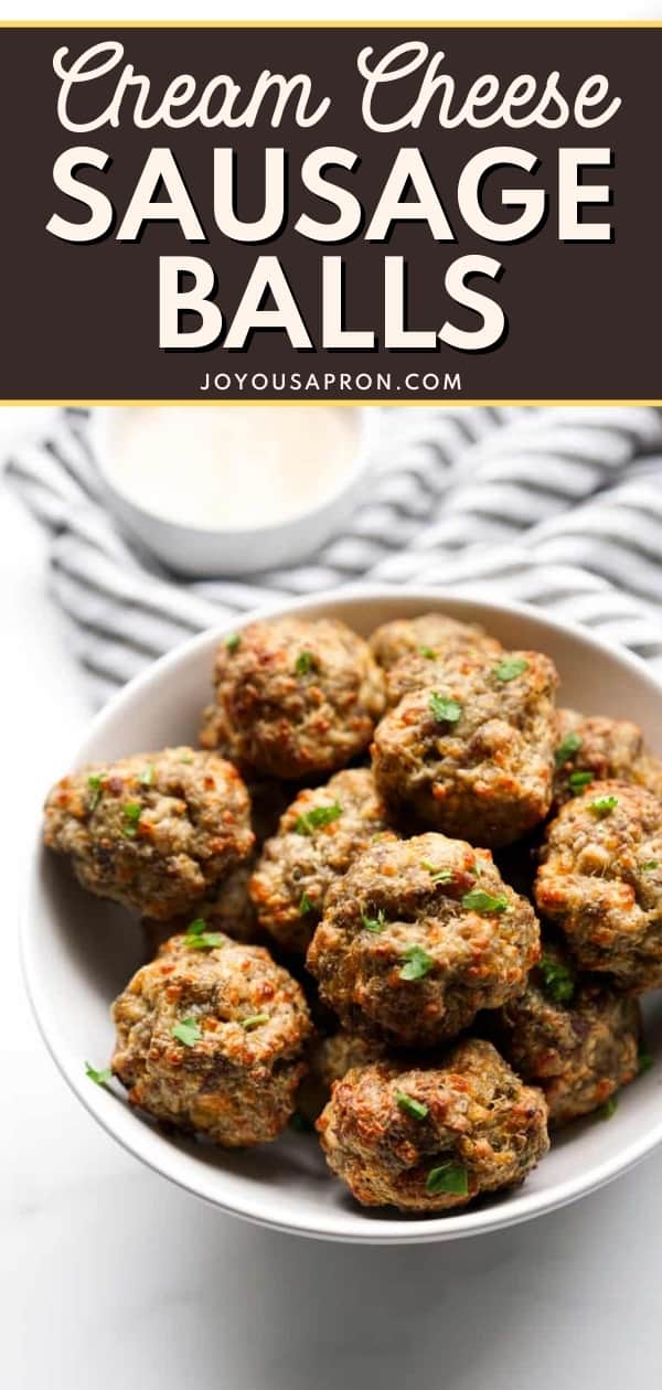 Cream Cheese Sausage Balls - the perfect appetizer, finger food and party food for game day and Superbowl Sunday. A combination of ground sausage, cream cheese, Bisquick mix, cheddar and herbs make these sausage balls moist and flavorful. via @joyousapron