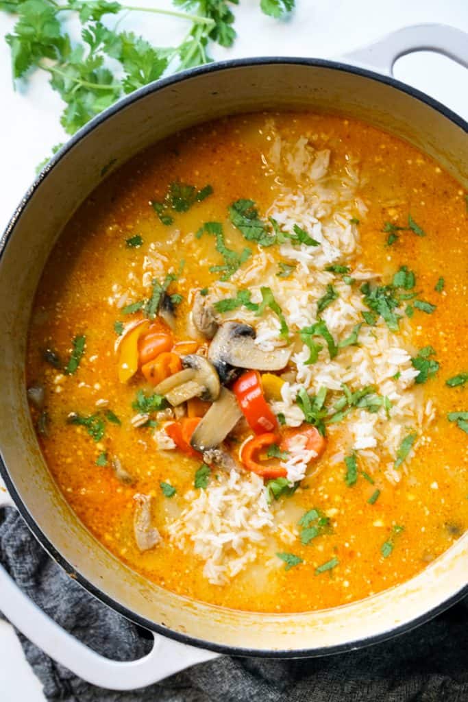 A large pot of coconut curry chicken soup with rice and cilantro 