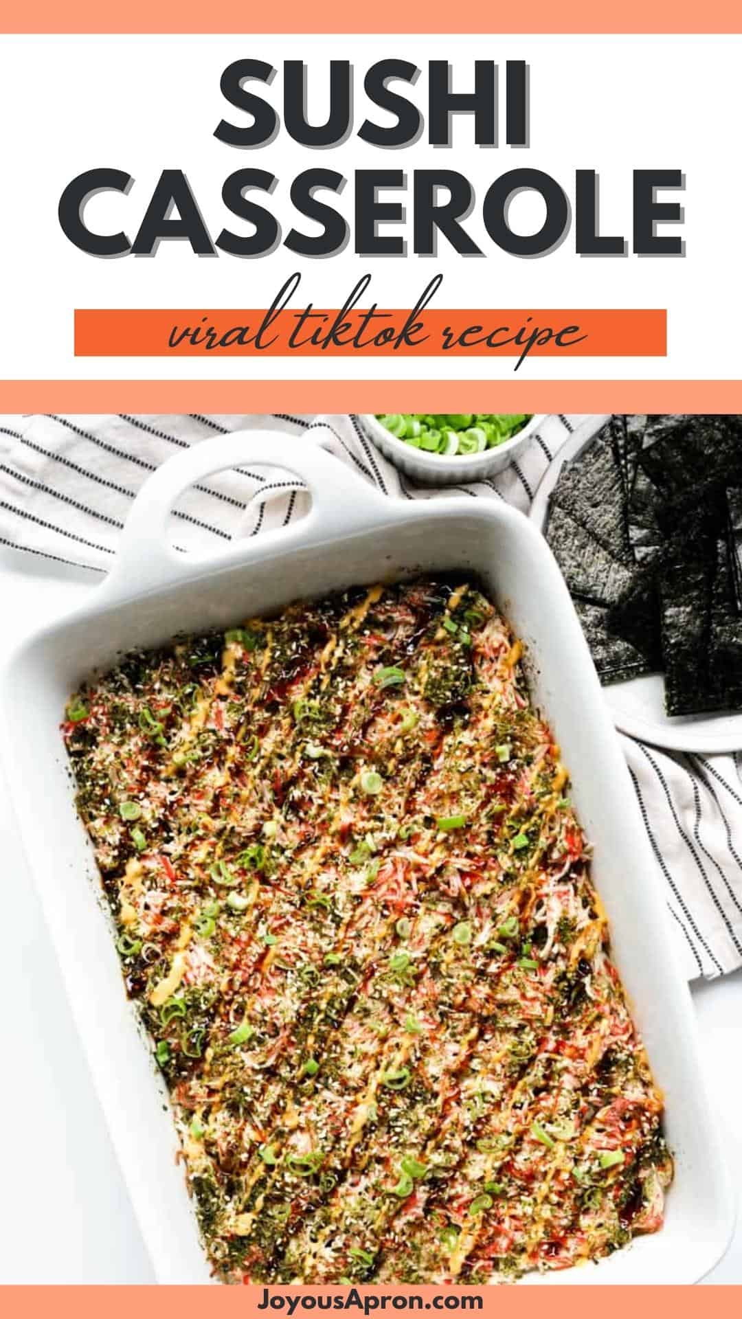 Sushi Bake - deconstructed sushi recipe that is oven baked in a casserole! Easy, healthy and yummy! Sushi rice, imitation crab mix, furikake, unagi sauce, and sriracha mayo are layered onto a casserole and baked in the oven. Served wrapped in nori seaweed. via @joyousapron