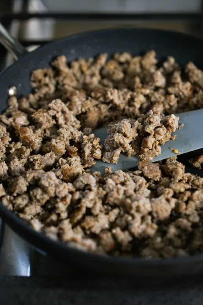 Searing crumbled sausage on a non stick skillet