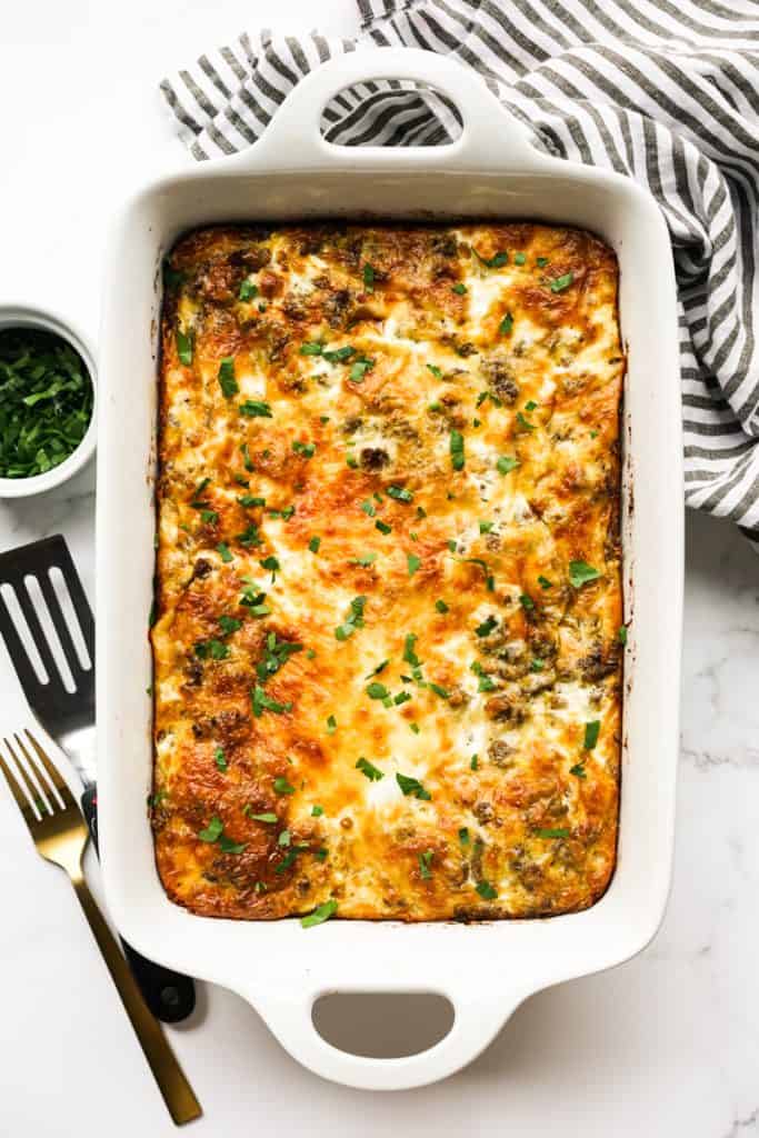 Freshly baked Crescent roll sausage egg and cheese breakfast casserole