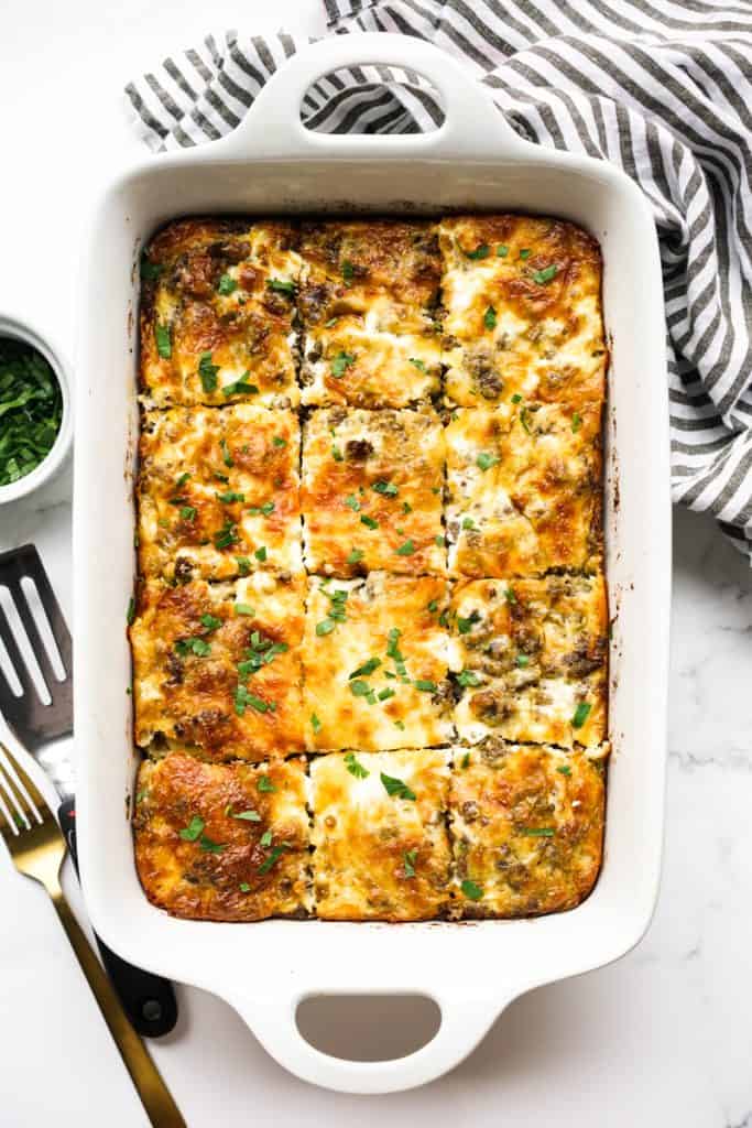 Top down view of a rectangular casserole of Crescent Roll Sausage Bake