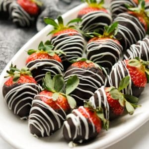 Chocolate covered strawberries on a plate for Valentine's Day