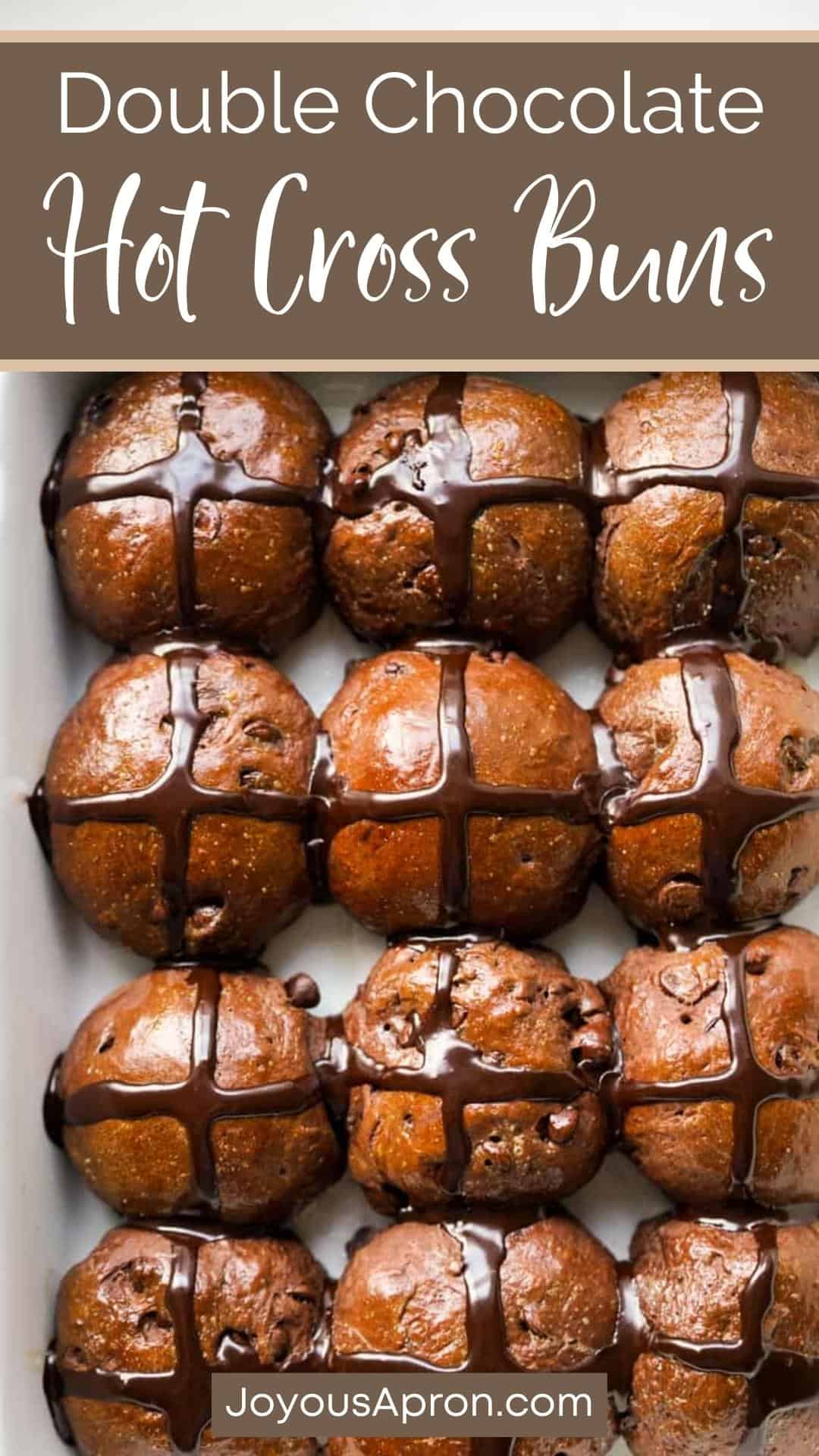 Chocolate Hot Cross Buns - These Easter hot cross buns are loaded with chocolate and chocolate chips, topped with chocolate crosses. Buns are soft and fluffy, super decadent and delicious! via @joyousapron