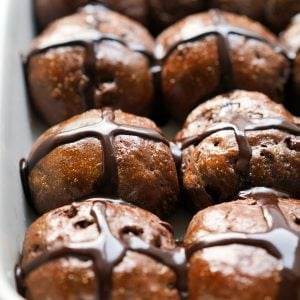 Chocolate hot cross buns in baking dish