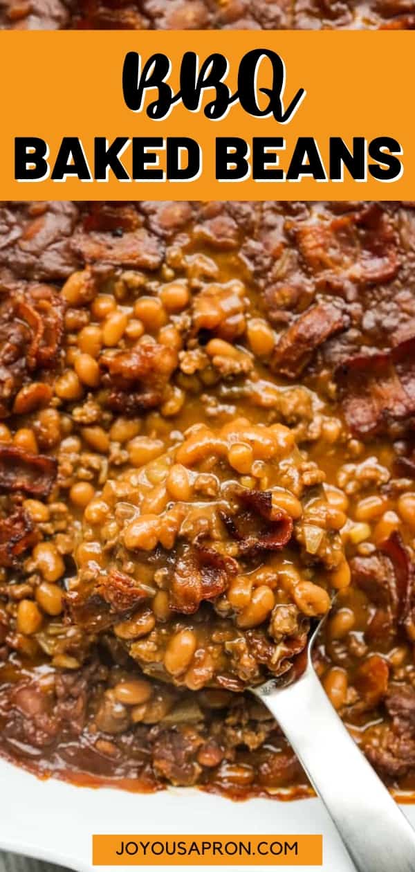 BBQ Baked Beans - easy and yummy bbq baked beans side dish with ground beef and bacon. Cooked first on the stovetop and then baked low and slow in the oven. Great for cookout, grilling and barbecues. via @joyousapron