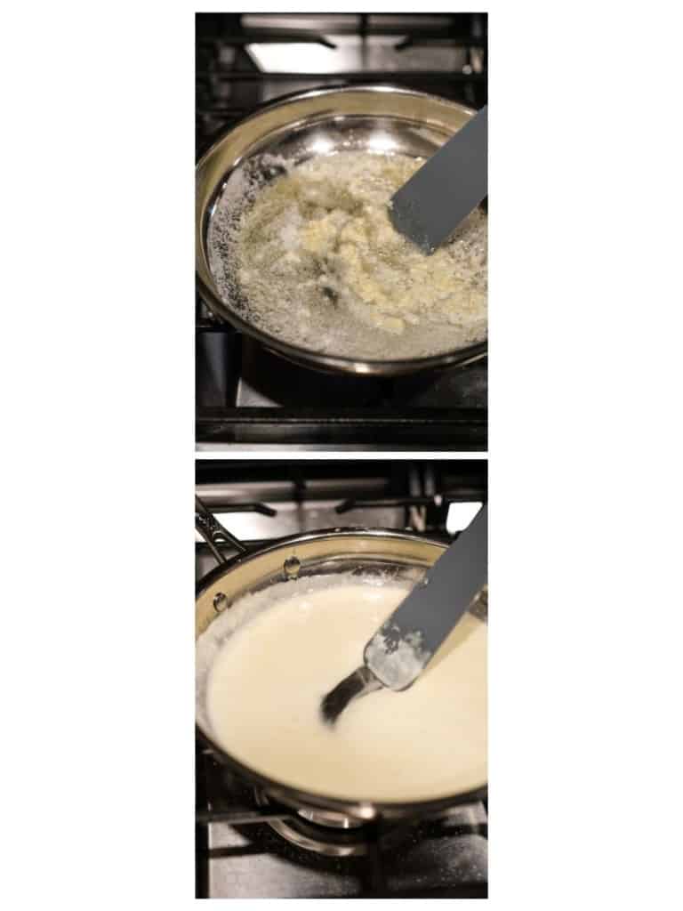 Cooking cream sauce in a skillet on stovetop