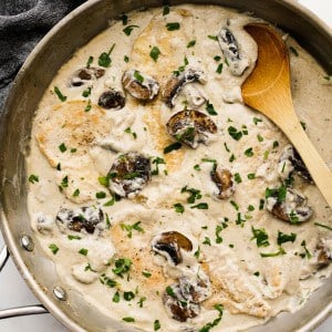 Creamy mushroom chicken in a skillet