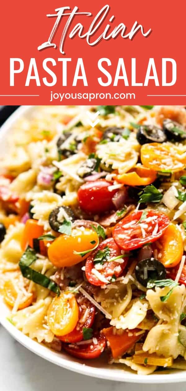 Italian Pasta Salad - Italian inspired bow tie pasta salad is the perfect side dish for summer cookouts and bbqs. It brings together cherry tomatoes, black olives, red onion, bell peppers, fresh basil, and parmesan cheese, tossed in a tangy homemade Italian dressing. via @joyousapron