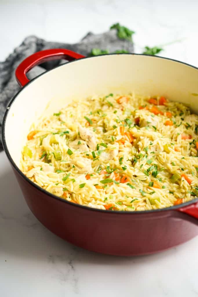A large pot of chicken and orzo