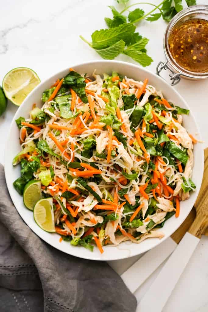 Top down view of a bowl of Vietnamese inspired rice noodles salad