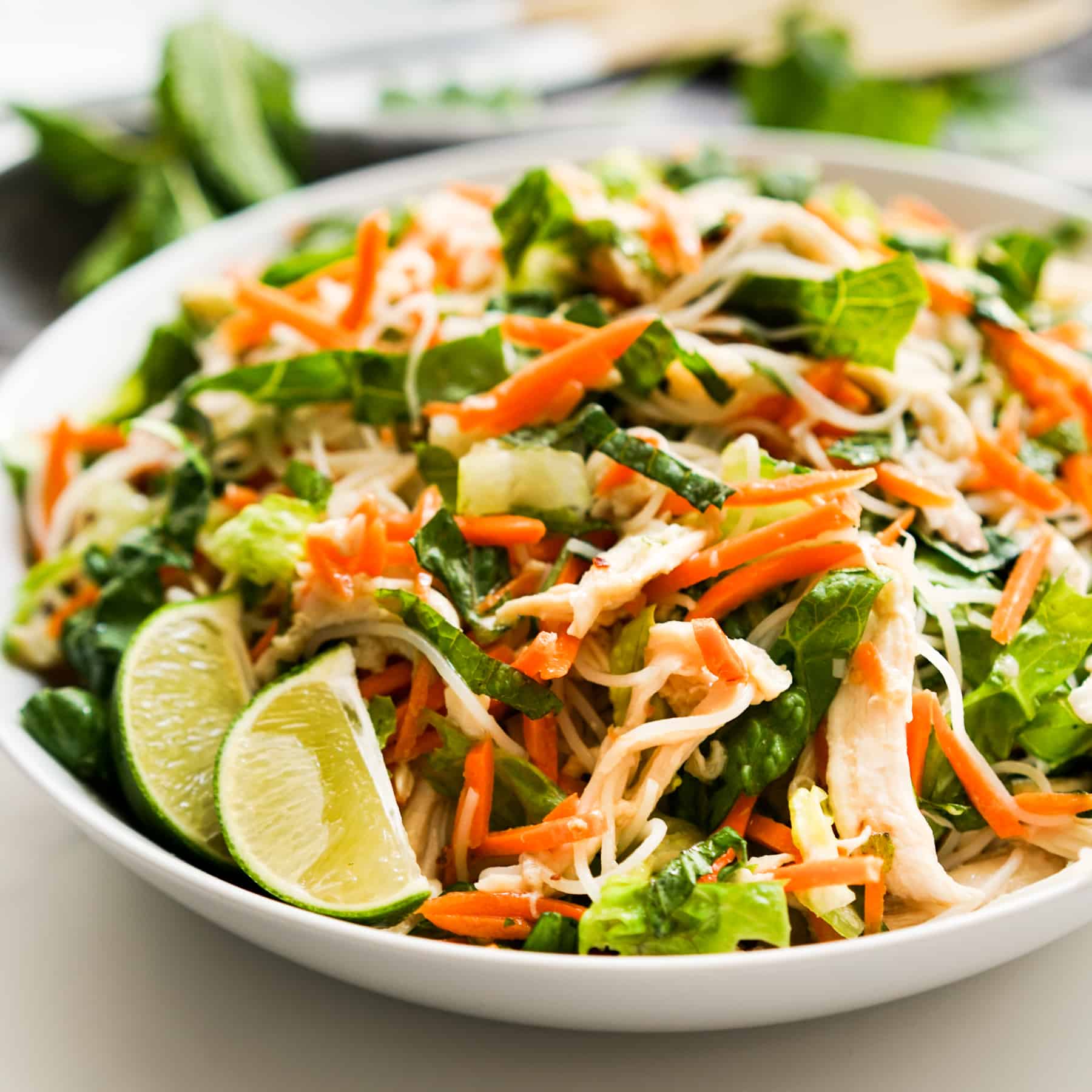 A bowl of rice noodle salad with shredded carrots, cucumbers and cilantro