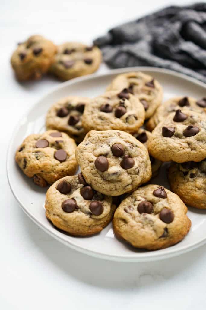 Brown sugar chocolate chip cookies on a round plate
