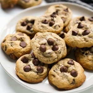 A plate of chocolate chip cookies