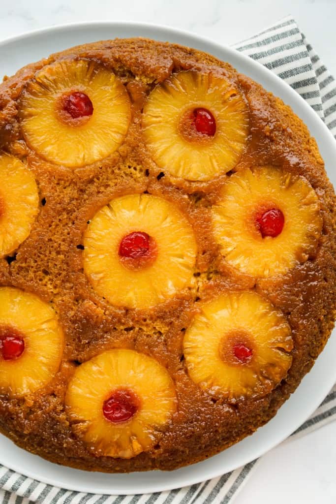 Top down view of pineapple upside down cake