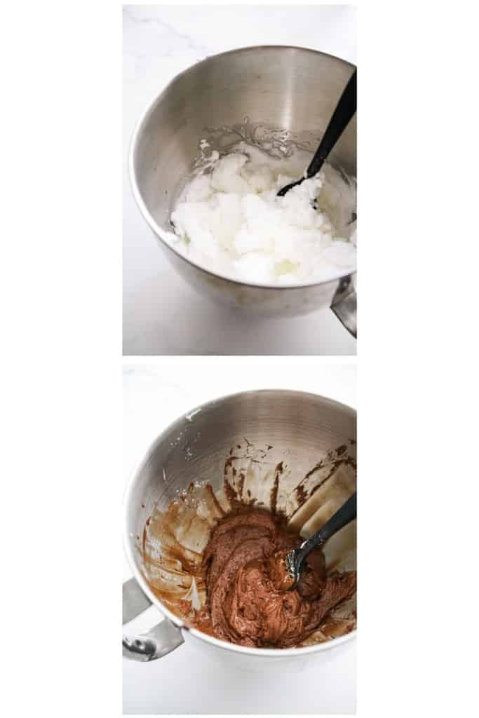 egg mixture on the top and brownie mixture at the bottom