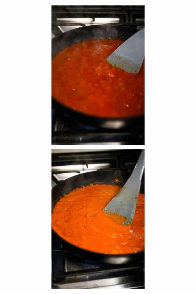 Process shots of cooking creamy tomato vodka sauce 