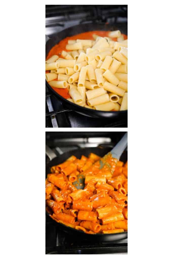 Tossing rigatoni in vodka sauce