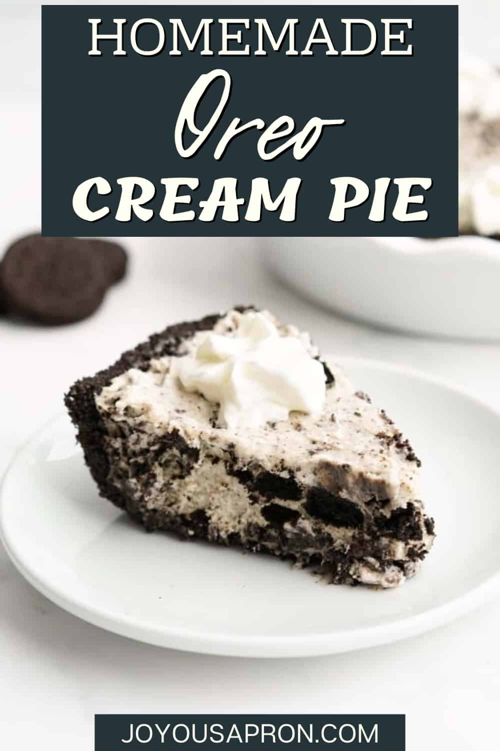 Oreo Cream Pie - this cookies and cream pie features rich and creamy Oreo cream filling with a crumbly Oreo crust. Topped with whipped cream, this is a tasty and well-loved all American dessert and sweet treat! via @joyousapron
