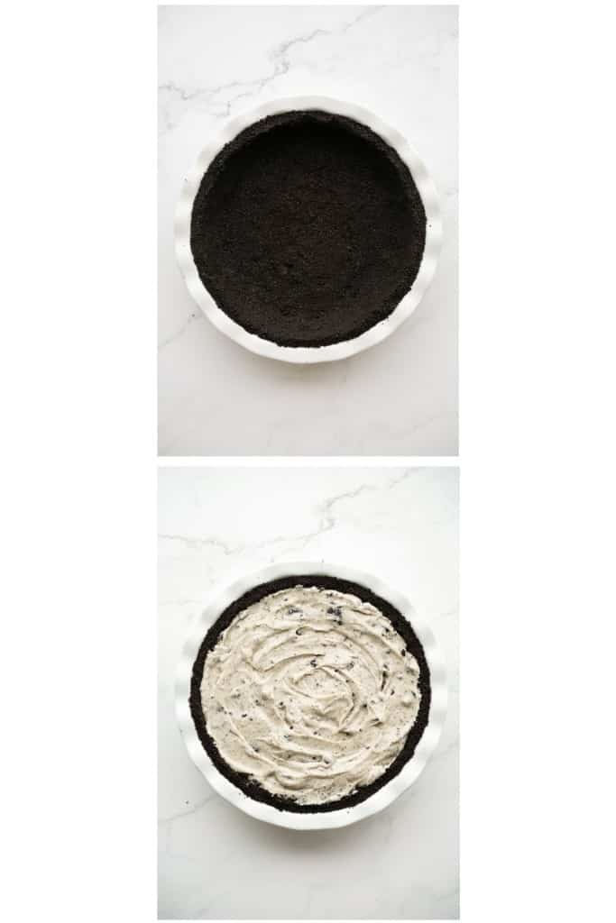 Adding Oreo cream filling into Oreo crust