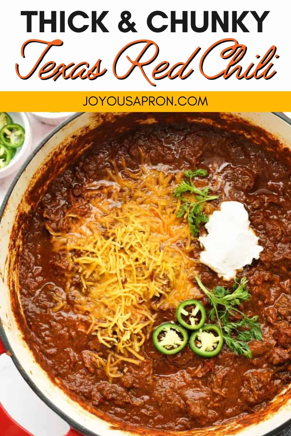 Texas Chili - also called Texas Red Chili, this is an authentic and classic Texas Chili recipe. Tender chunks of beef is cooked with chilies and tomatoes to make a hearty, thick and chunky chili. No beans! via @joyousapron
