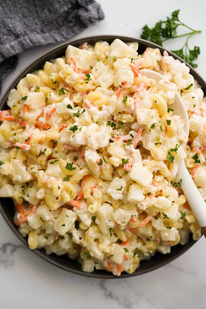 A bowl of Hawaiian potato macaroni salad served in a bowl