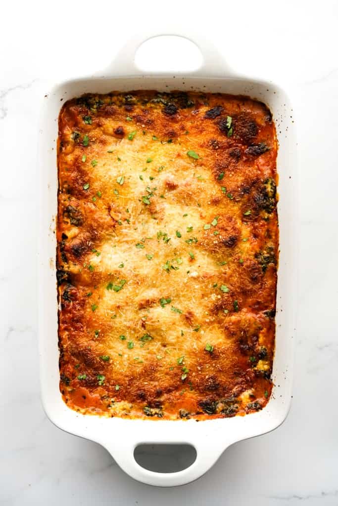 Baked spinach lasagna in a casserole
