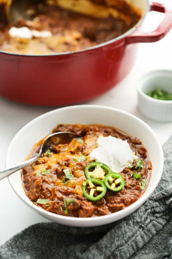 A bowl of chunky Texas red chili