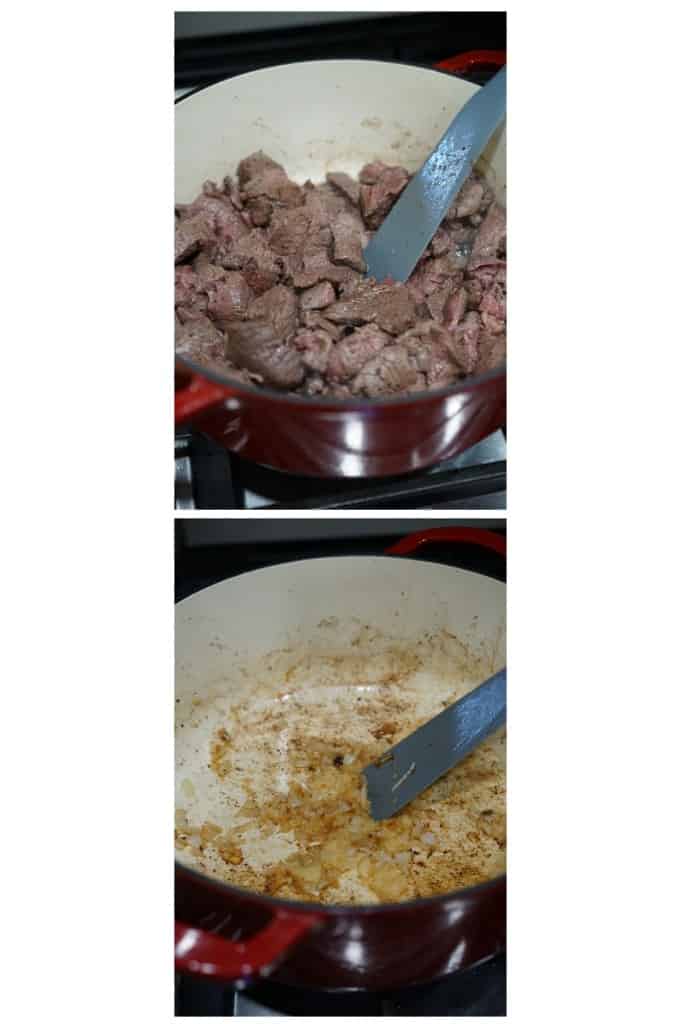 Searing beef on the top picture, and searing onions and garlic on the bottom picture