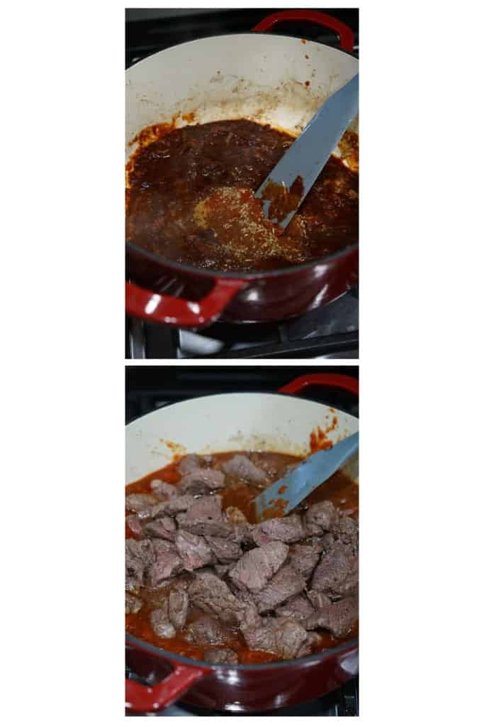 Cooking chili paste and then adding cooked beef chuck back into chili in pot