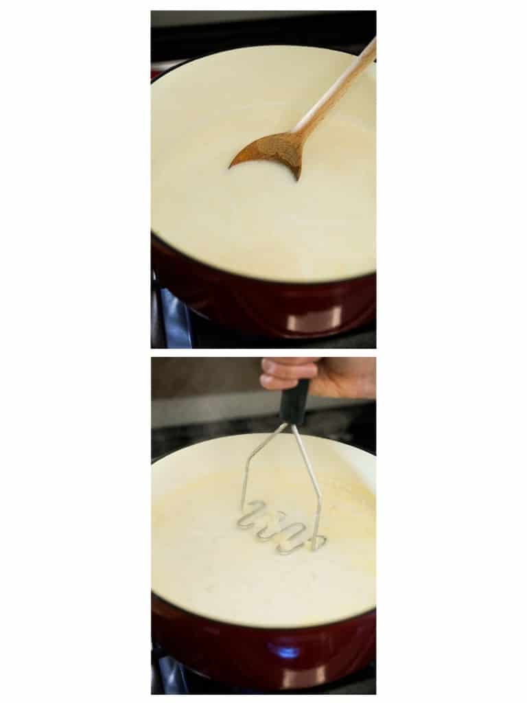 Cooking potato soup in a pot, and then mashing up the potatoes