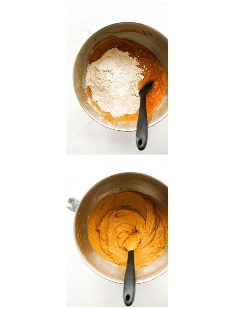 Mixing flour into pumpkin mixture in a large mixing bowl
