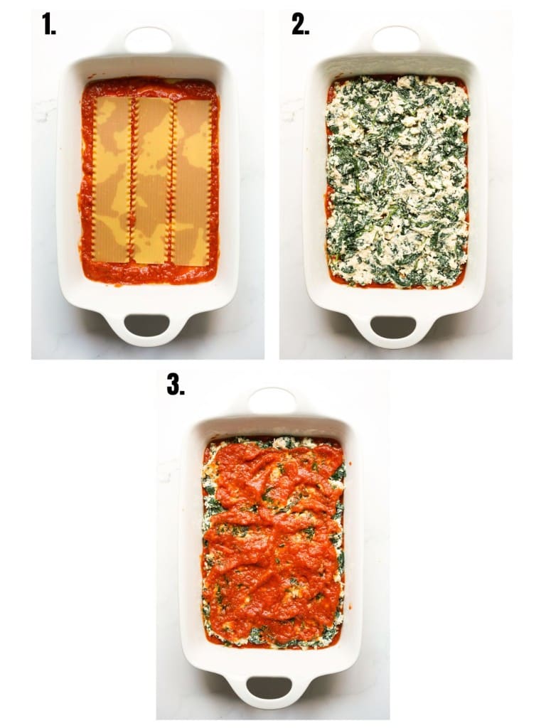 Layering pasta, spinach mixture and marinara sauce onto a rectangular baking dish