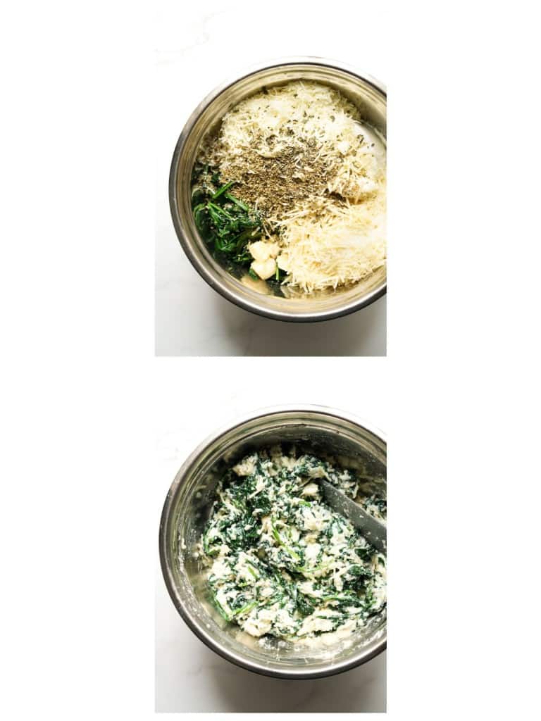 Mixing spinach and cheese mixture together in a mixing bowl