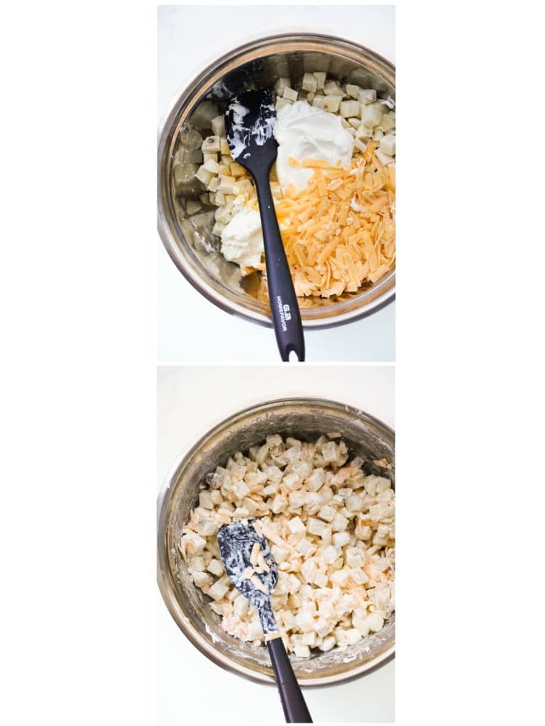 Cheddar cheese, cream cheese, sour cream and potatoes in a mixing bowl before and after mixing