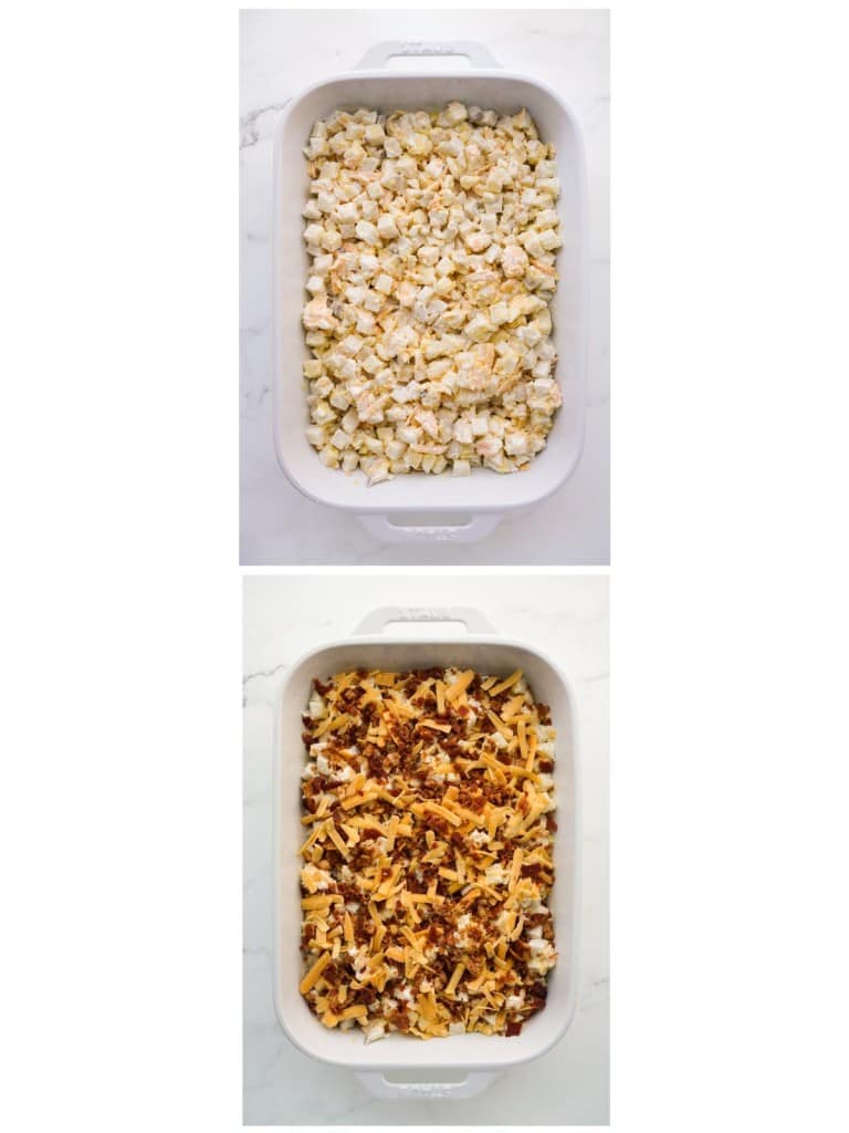 Baked potato casserole before and after topping with cheese and bacon pieces