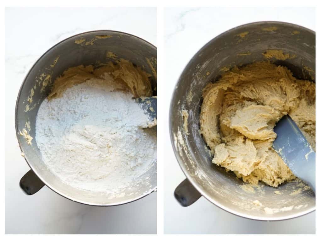 Combining snickerdoodle dough in a mixing bowl