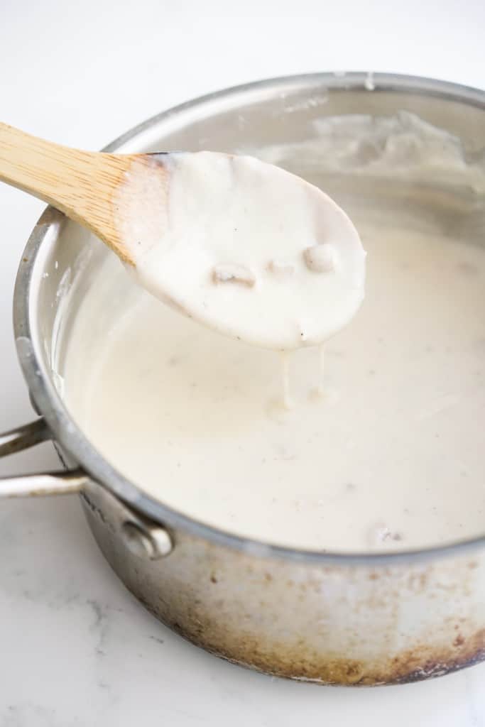 thick mushroom cream sauce in a pot