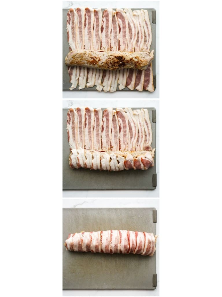 Wrapping a long piece of pork tenderloin of strips of bacon