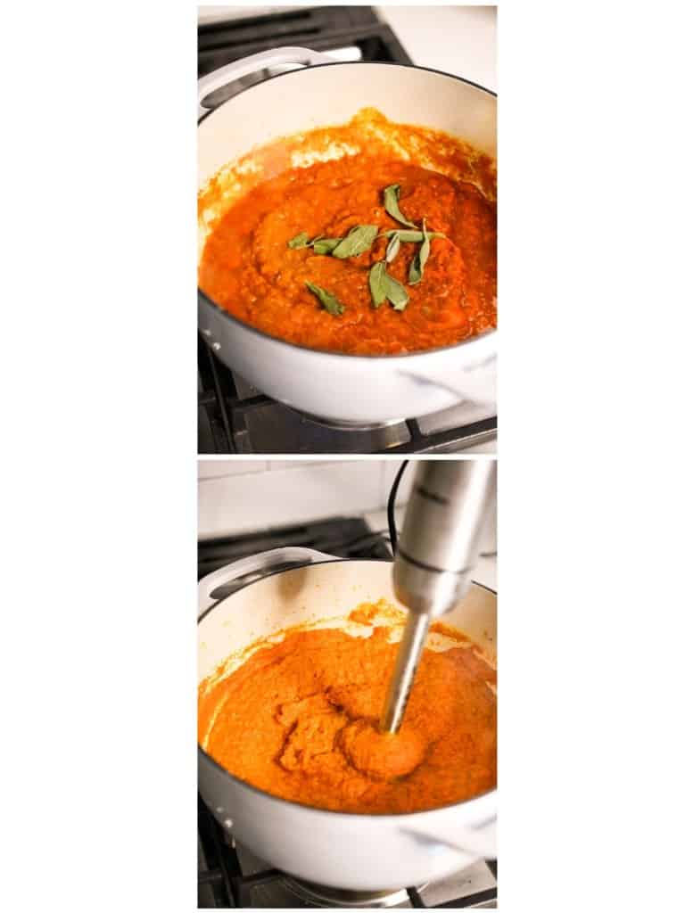 Adding sage leaves to creamy pumpkin sauce, then using an immersion blender to smooth out the sauce