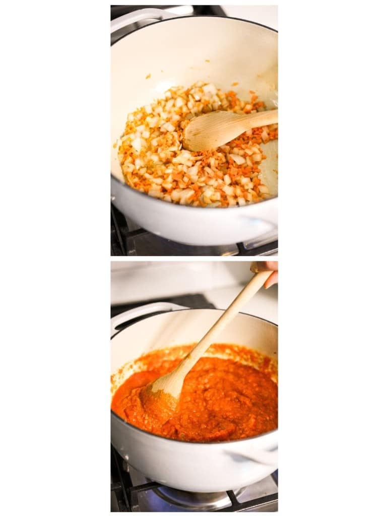 Sauteing onions, carrots and garlic in a pot, then adding tomato and pumpkin puree to it.