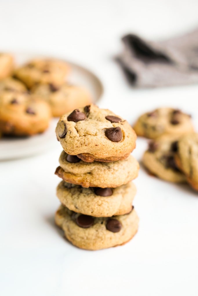 A stack of thick brown sugar chocolate chip cookies