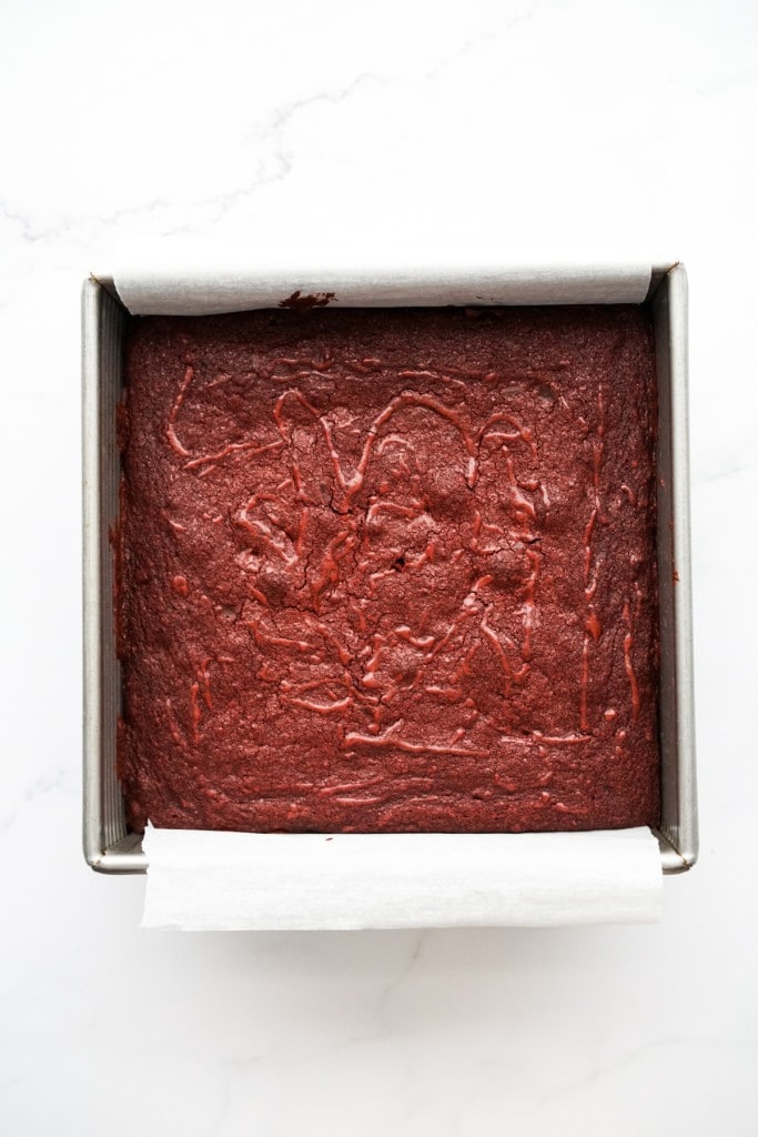 A square pan of red velvet brownies from the oven