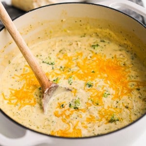 A pot of thick broccoli cheddar soup with chicken topped with shredded cheese