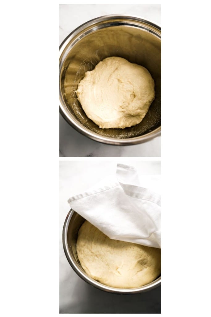 Before and after bread dough rises in a bowl