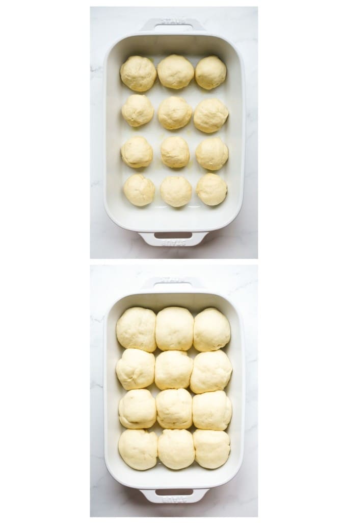Before and after 12 cheese stuffed dinner rolls rises in a rectangular baking dish